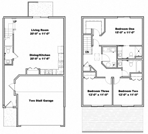 Floor plan for 3 beds, 2.5 baths, 1522 sqft